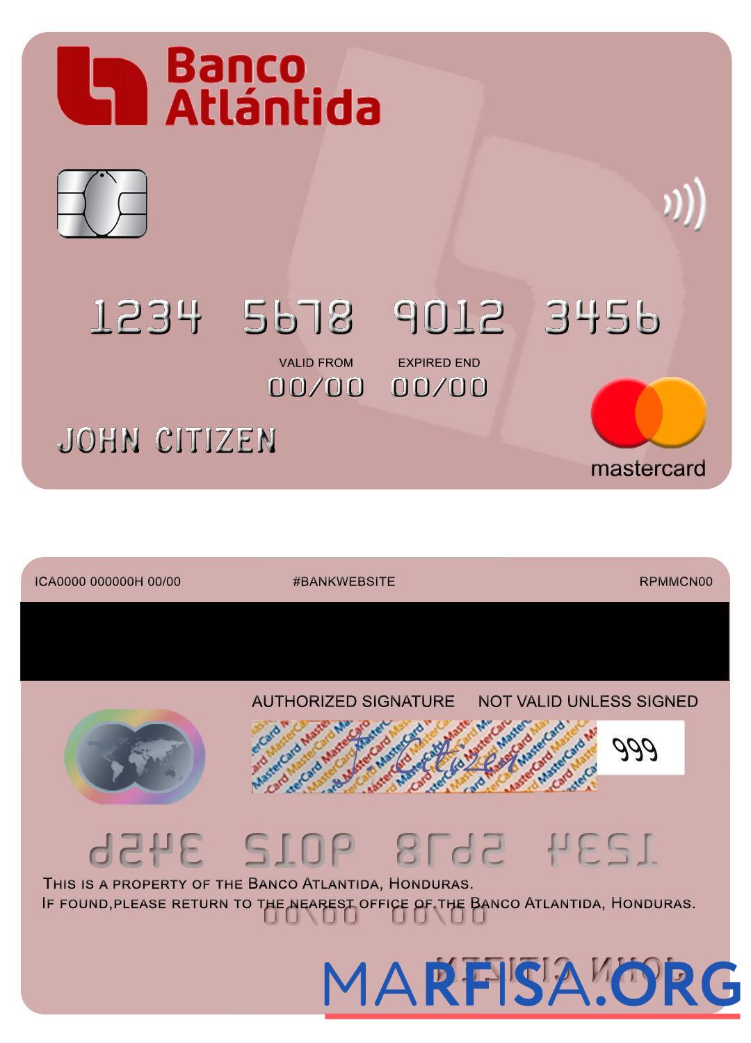 Downloadable Honduras Banco Atlantida mastercard real example